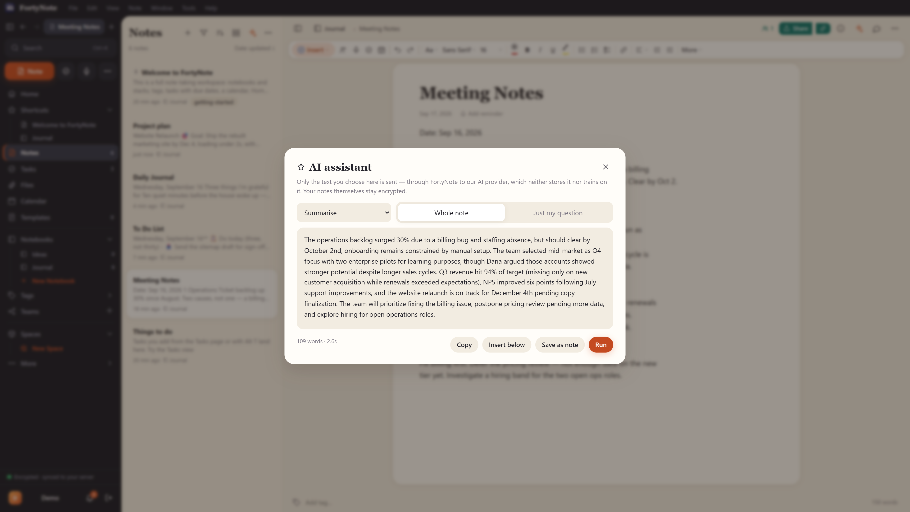 FortyNote's AI assistant summarising a meeting note, showing the result in a panel alongside the note